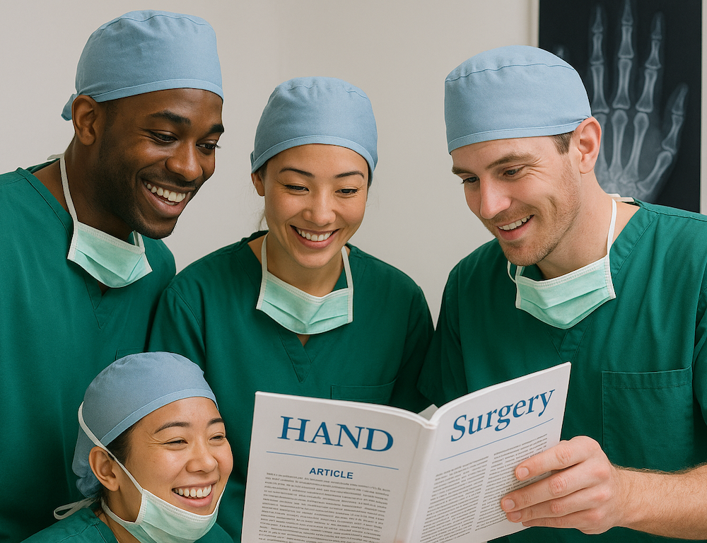 Two men and two women doctors in surgical scrubs reading a hand surgery article