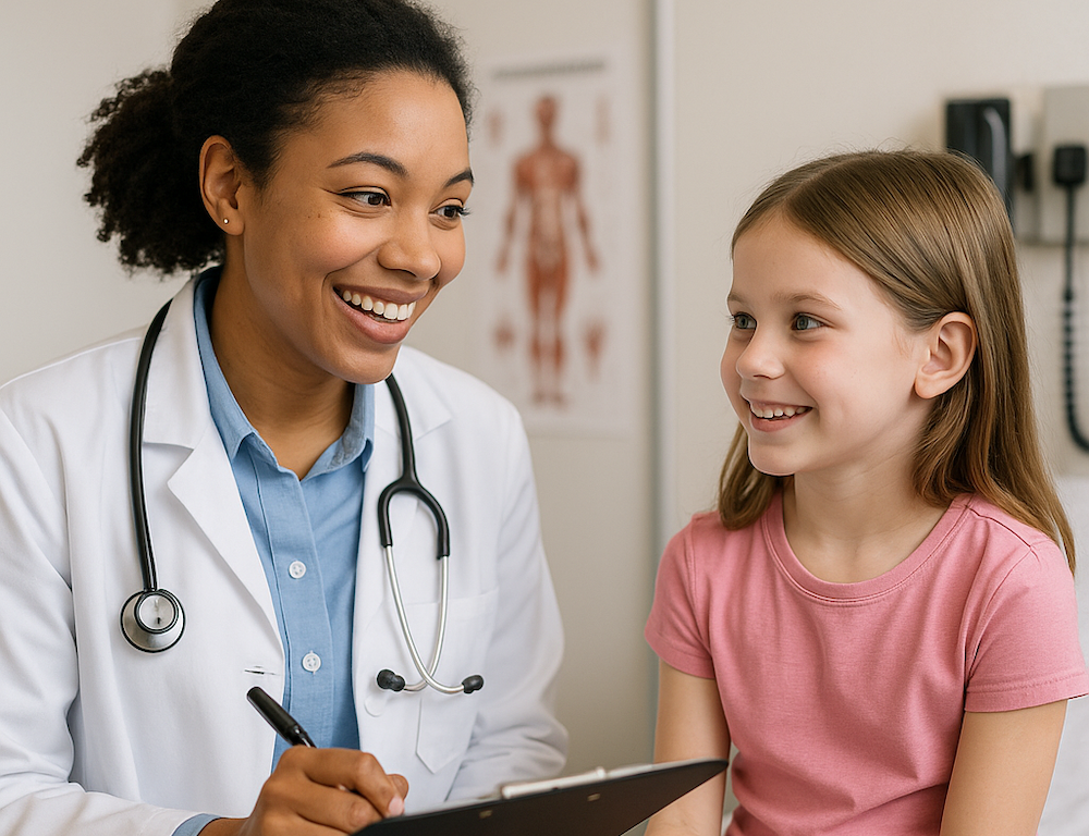 woman doctor with young girl patient in an exam room